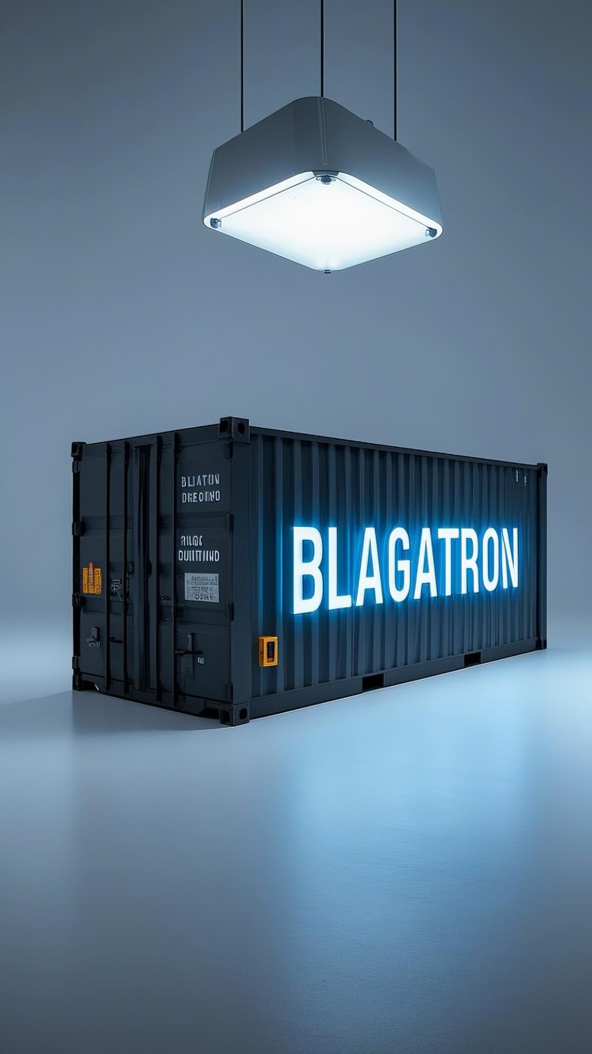 Commercial photography, electricity generating 20 ft shipping container written _BLAGATRON_ in neon ... (2)